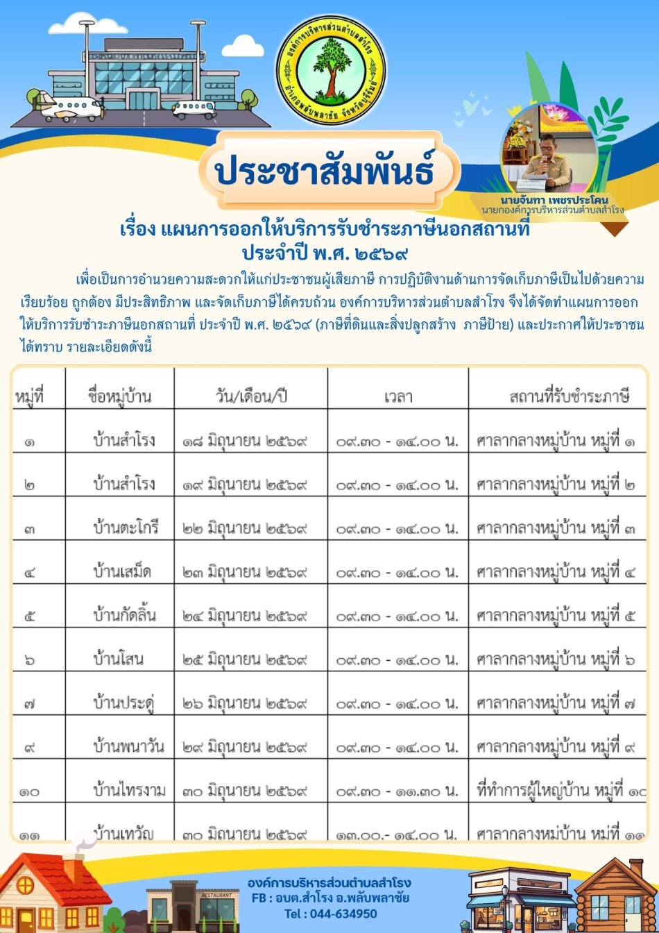 ประชาสัมพันธ์ การออกให้บริการรับชำระภาษีเคลื่อนที่ ประจำปีงบประมาณ 2569